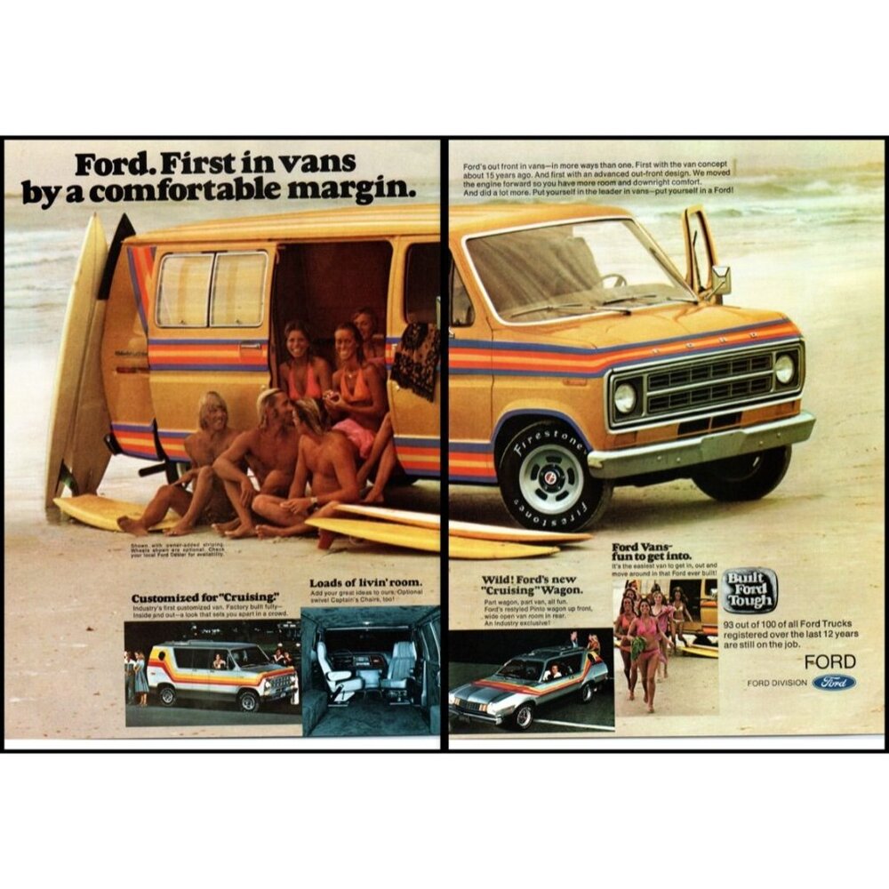 1977 Ford Custom Van 2 Page Vintage Print Ad Surfers Surf Board Beach Wall Art